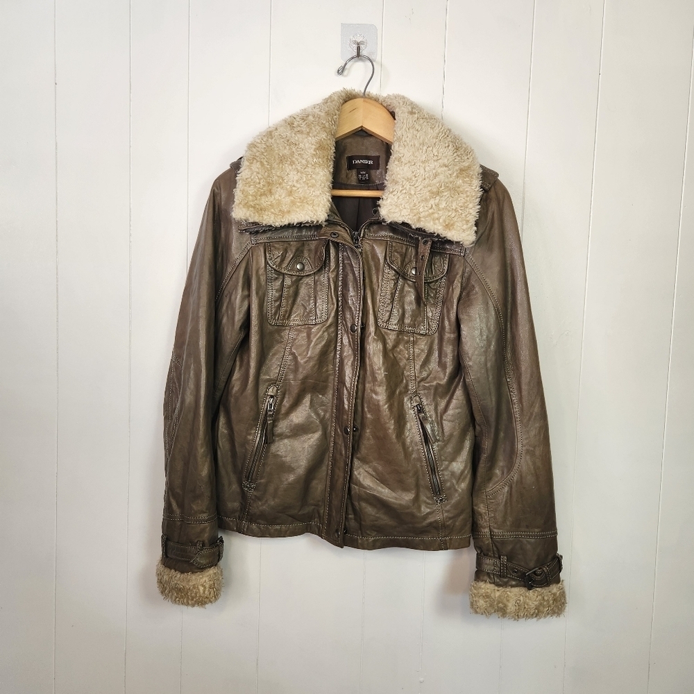 Vintage Leather Jacket Green Aviator Shearling Collar Cuffs 1990s Womens Medium - Picture 15 of 16